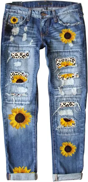 Bengbobar Ripped Jeans Womens Plaid Patch Boyfriend Skinny Distressed Jeans Straight Leg Pants Stretch Denim Jeans with Hole