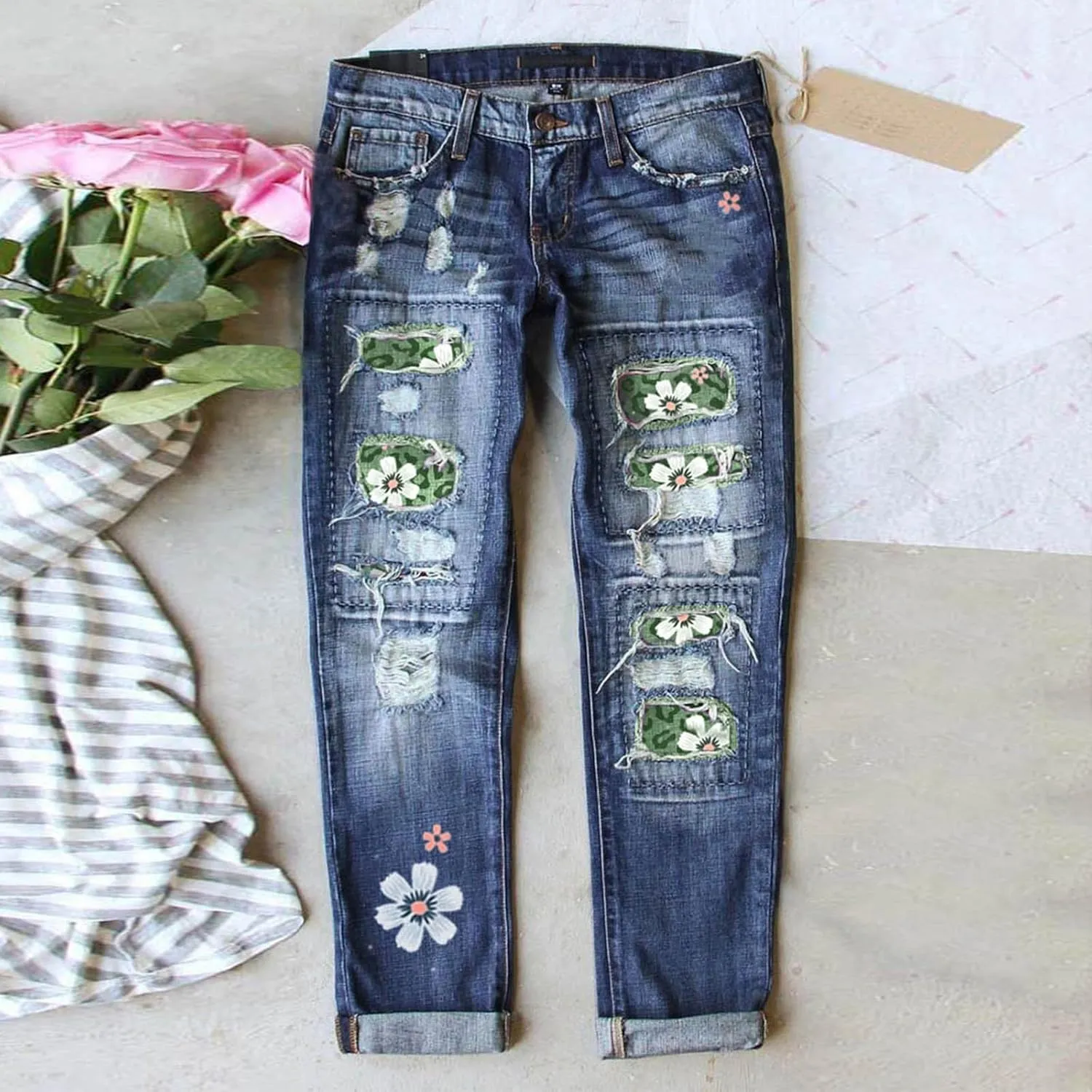 Bengbobar Ripped Jeans Womens Plaid Patch Boyfriend Skinny Distressed Jeans Straight Leg Pants Stretch Denim Jeans with Hole
