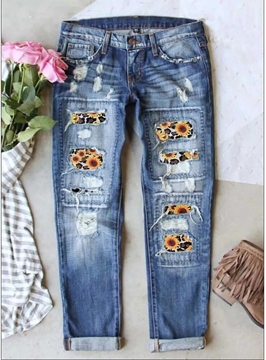 Bengbobar Ripped Jeans Womens Plaid Patch Boyfriend Skinny Distressed Jeans Straight Leg Pants Stretch Denim Jeans with Hole