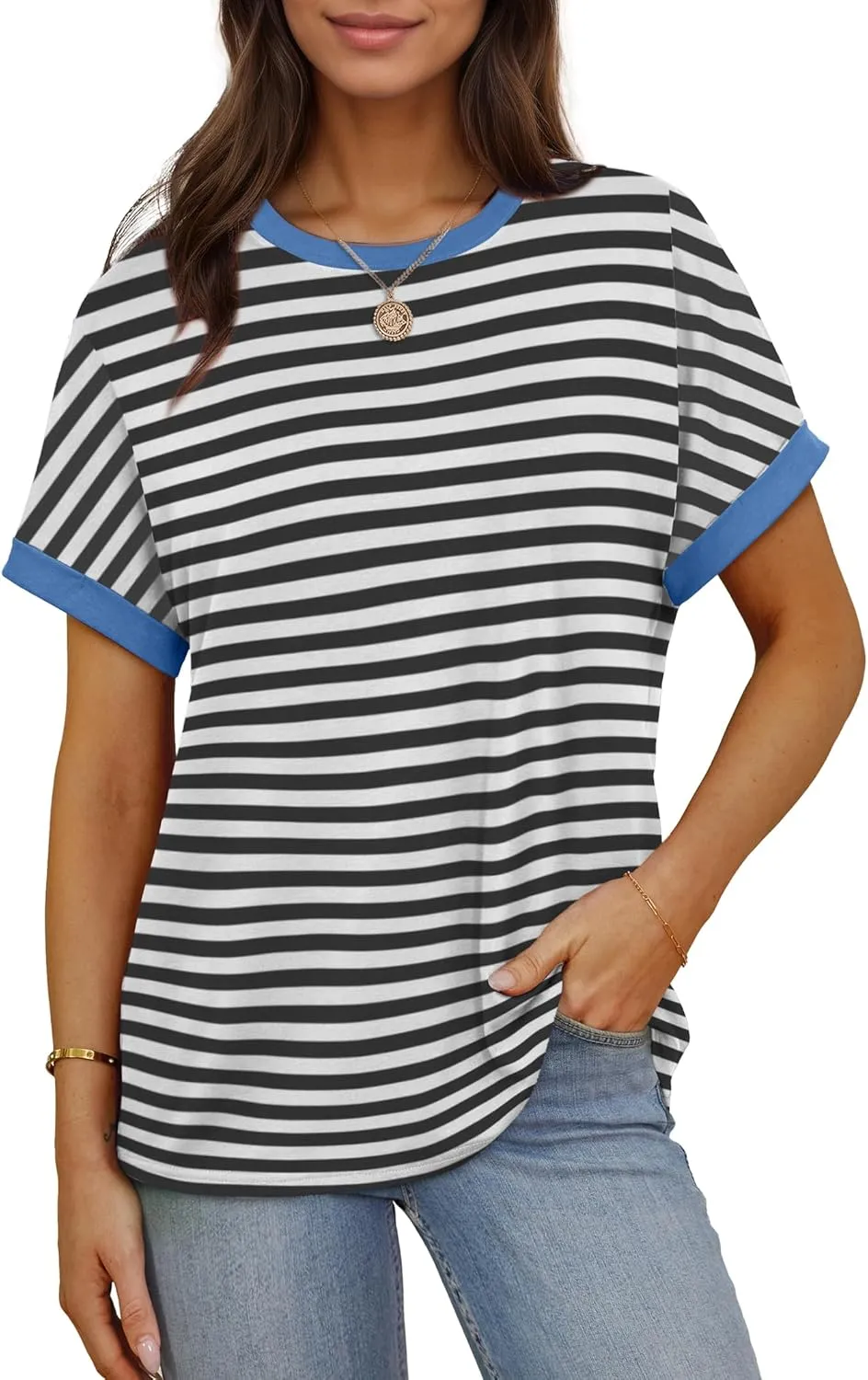 Besshopie Women's Oversized T Shirts Short Sleeve Crewneck Summer Tops Casual Loose Basic Tee Shirts 2025 Trendy Clothes