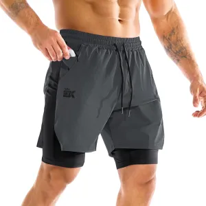 BROKIG Men's Dual-Layer Gym Shorts, Lightweight Quick Dry Running Bodybuilding 7'' Fitted Workout Short Lined-Zip Pocket