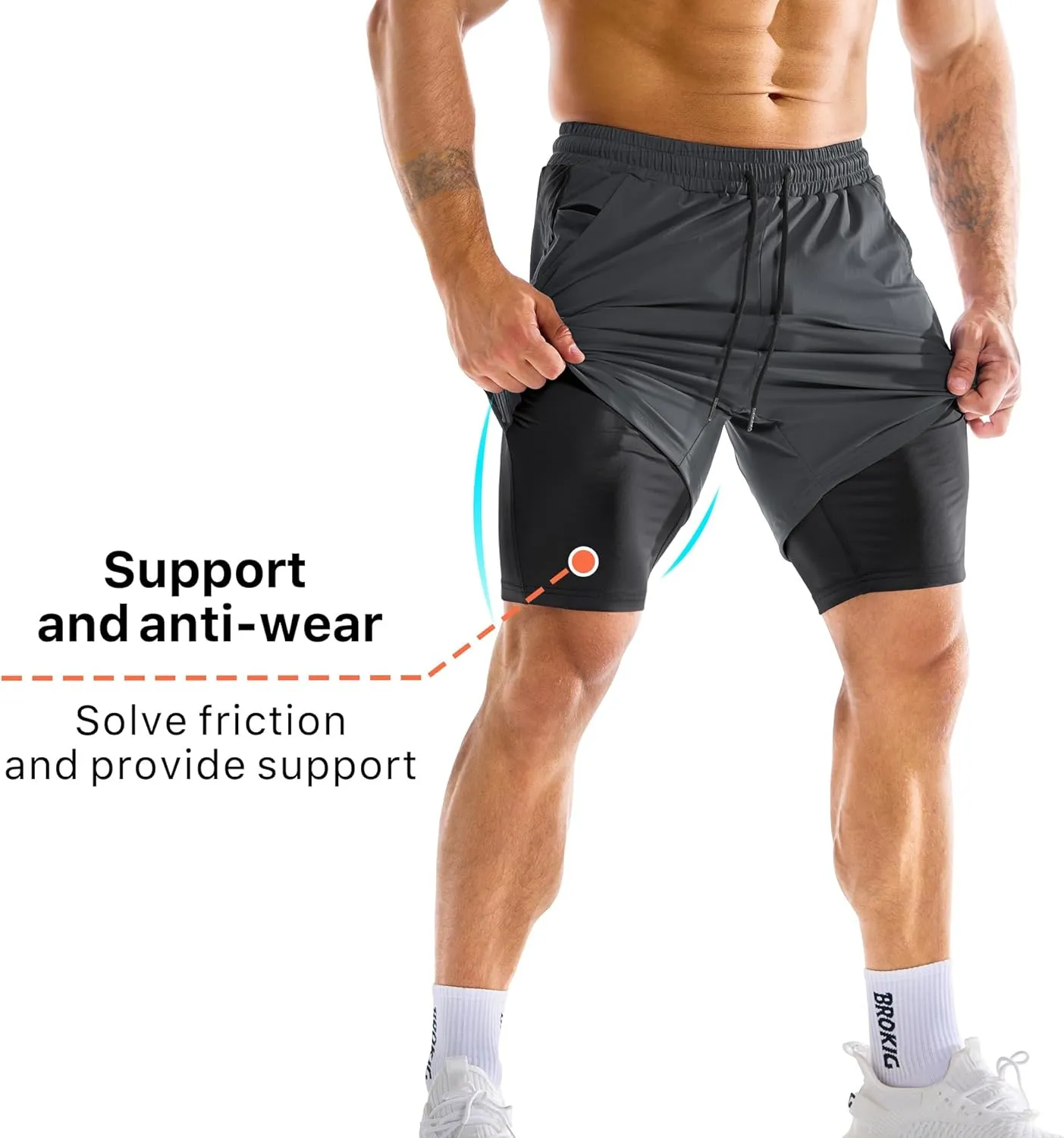 BROKIG Men's Dual-Layer Gym Shorts, Lightweight Quick Dry Running Bodybuilding 7'' Fitted Workout Short Lined-Zip Pocket