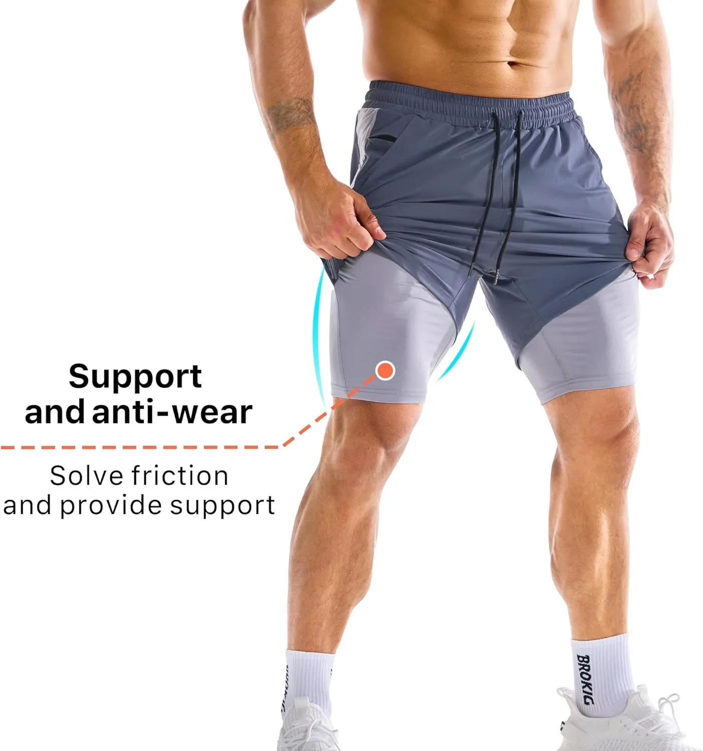 BROKIG Men's Dual-Layer Gym Shorts, Lightweight Quick Dry Running Bodybuilding 7'' Fitted Workout Short Lined-Zip Pocket