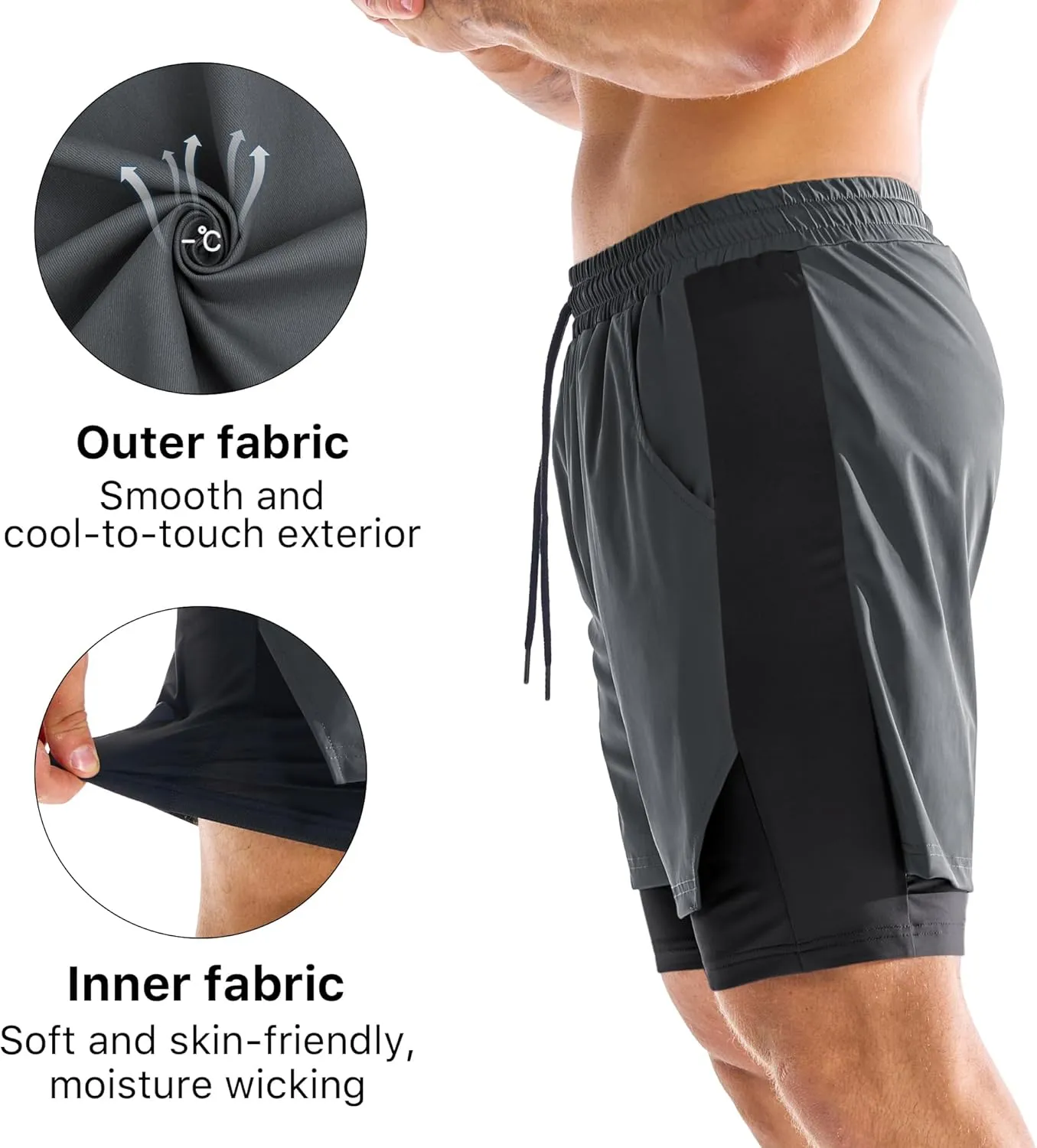 BROKIG Men's Dual-Layer Gym Shorts, Lightweight Quick Dry Running Bodybuilding 7'' Fitted Workout Short Lined-Zip Pocket