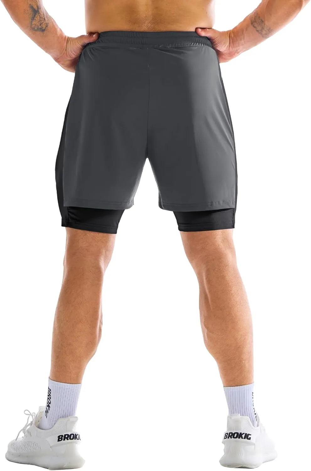 BROKIG Men's Dual-Layer Gym Shorts, Lightweight Quick Dry Running Bodybuilding 7'' Fitted Workout Short Lined-Zip Pocket