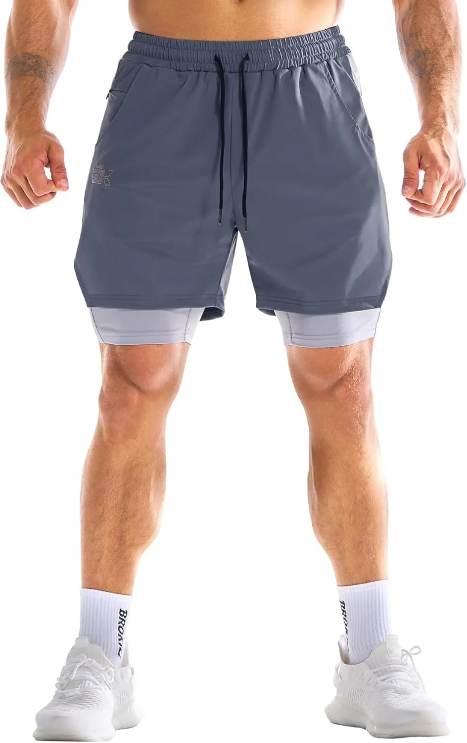 BROKIG Men's Dual-Layer Gym Shorts, Lightweight Quick Dry Running Bodybuilding 7'' Fitted Workout Short Lined-Zip Pocket