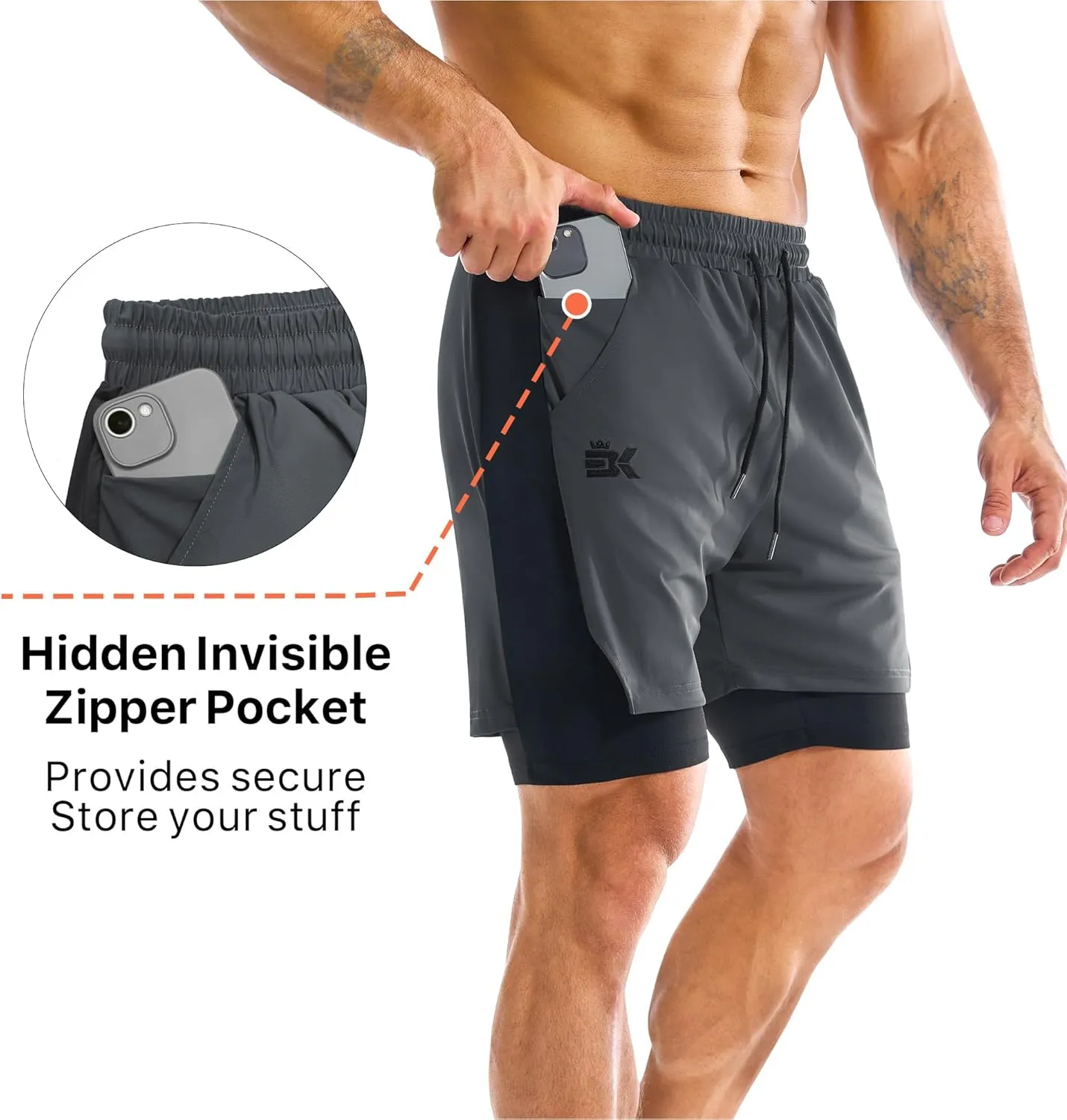 BROKIG Men's Dual-Layer Gym Shorts, Lightweight Quick Dry Running Bodybuilding 7'' Fitted Workout Short Lined-Zip Pocket