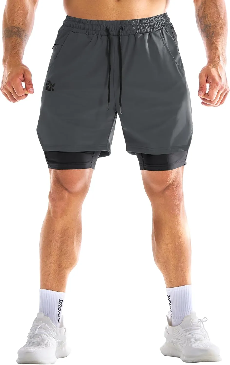 BROKIG Men's Dual-Layer Gym Shorts, Lightweight Quick Dry Running Bodybuilding 7'' Fitted Workout Short Lined-Zip Pocket