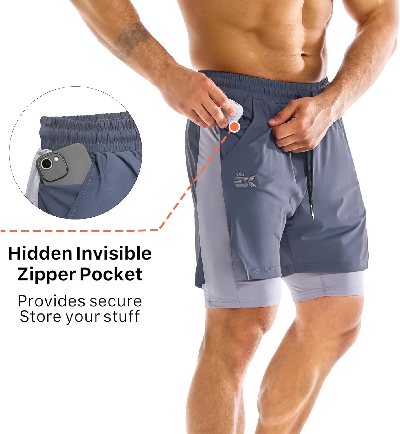 BROKIG Men's Dual-Layer Gym Shorts, Lightweight Quick Dry Running Bodybuilding 7'' Fitted Workout Short Lined-Zip Pocket