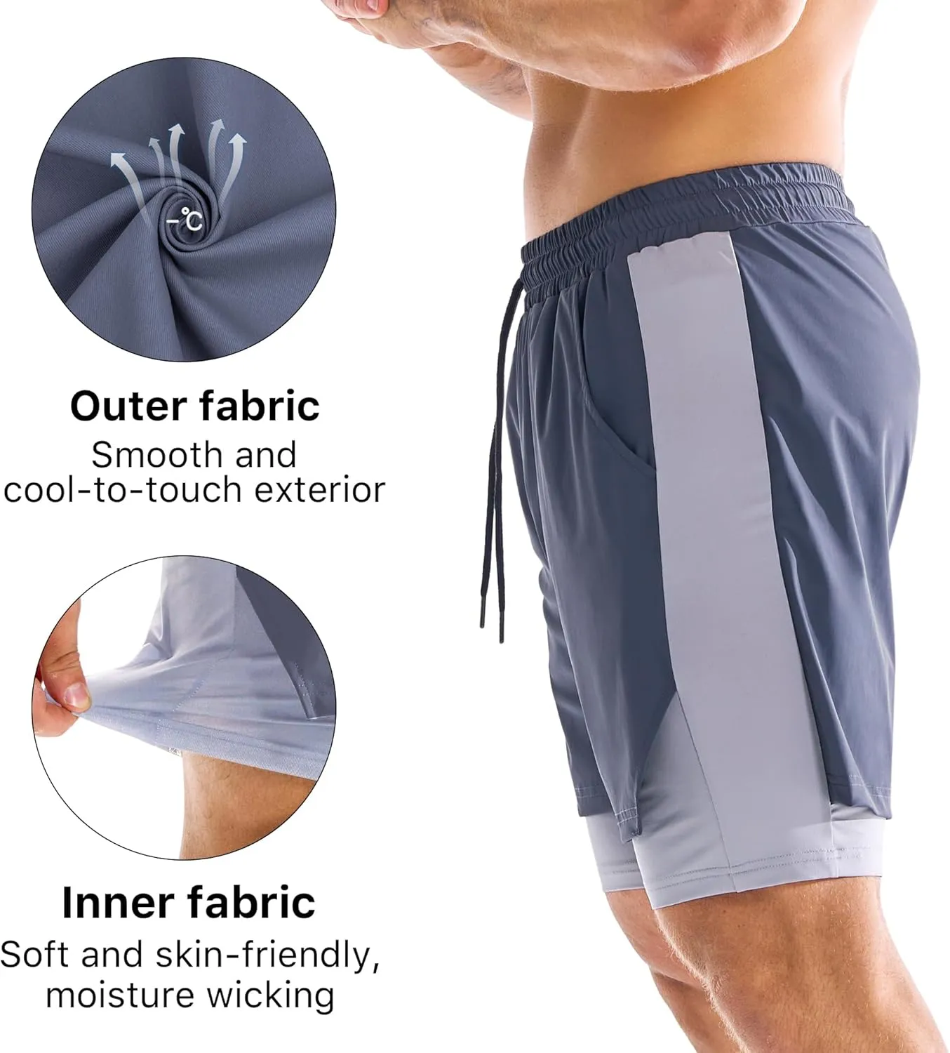 BROKIG Men's Dual-Layer Gym Shorts, Lightweight Quick Dry Running Bodybuilding 7'' Fitted Workout Short Lined-Zip Pocket