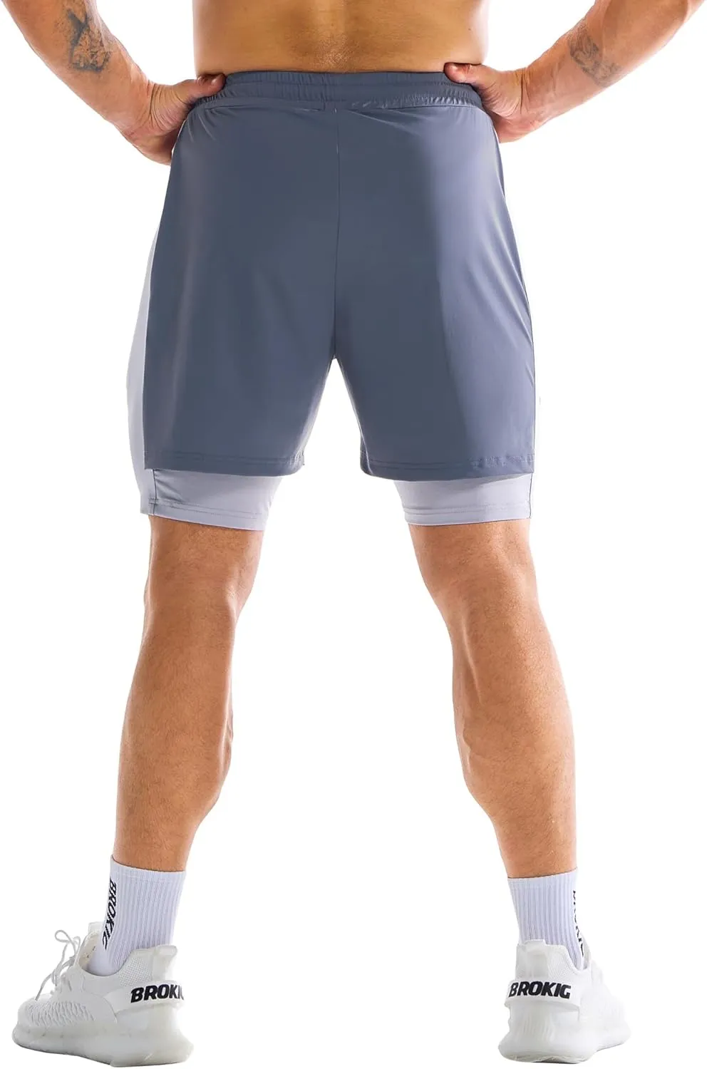 BROKIG Men's Dual-Layer Gym Shorts, Lightweight Quick Dry Running Bodybuilding 7'' Fitted Workout Short Lined-Zip Pocket