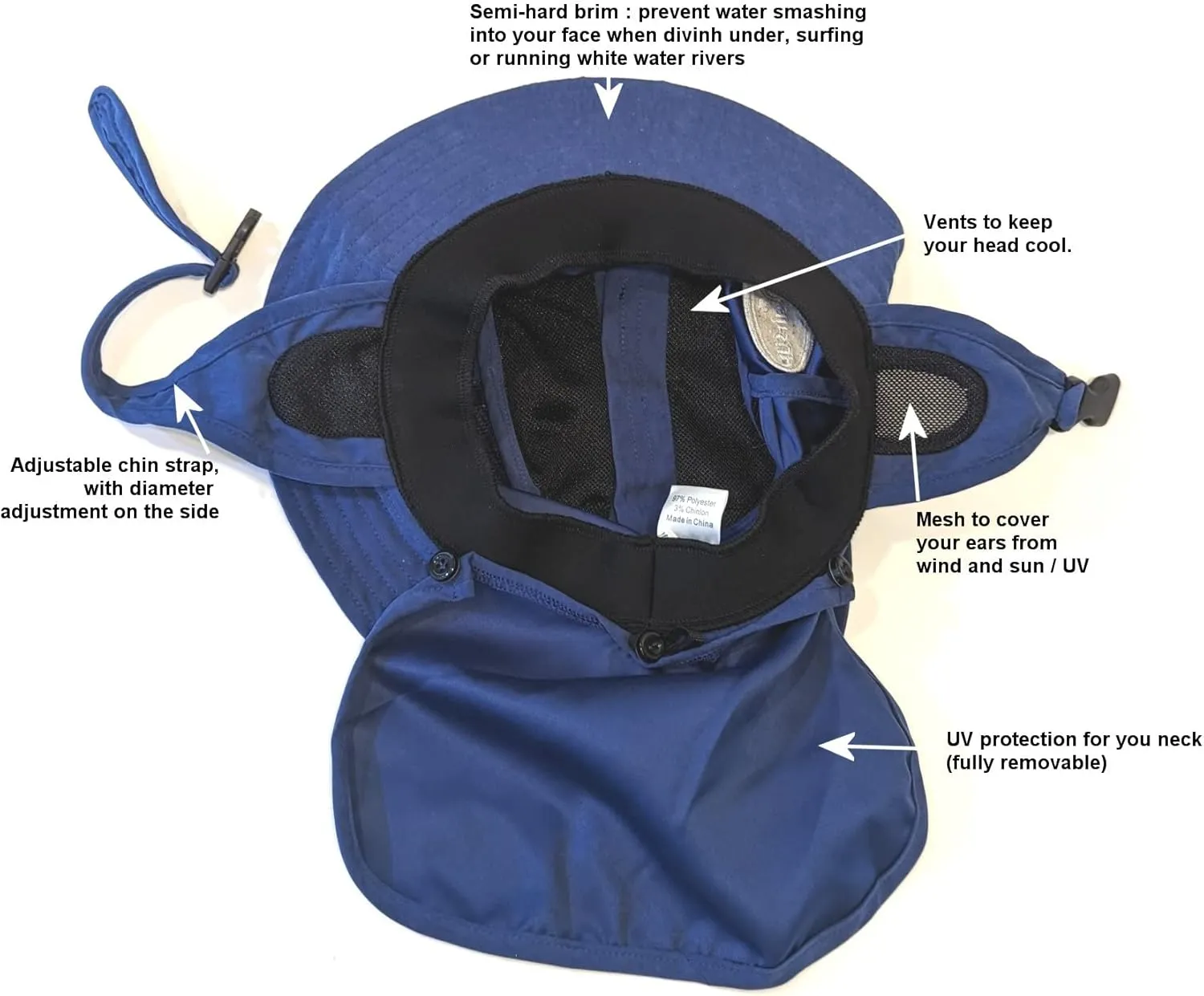 Bucket Hat for Stand Up Paddle Surf & Sun Protection Wide Brim Fast Drying Polyester