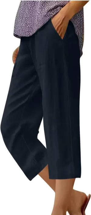 Capri Pants for Women Summer Relax Fit Elastic Waist Straight Leg Lounge Cropped Trouser Casual Linen Pant with Pocket