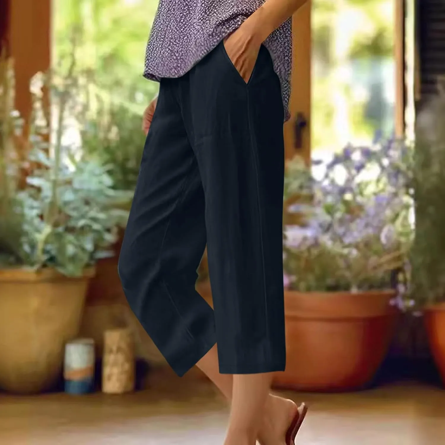 Capri Pants for Women Summer Relax Fit Elastic Waist Straight Leg Lounge Cropped Trouser Casual Linen Pant with Pocket