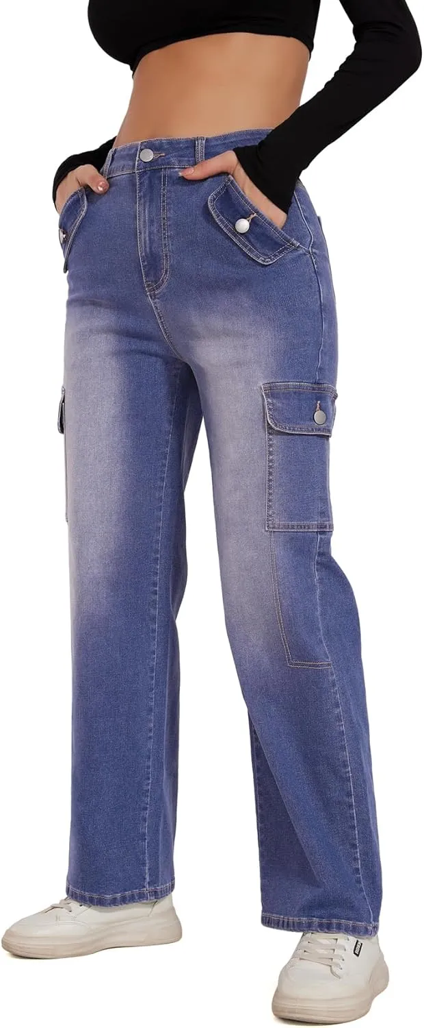 Cargo Jeans for Women High Waisted Casual Wide Leg Jeans Baggy Stretchy Y2K Streetwear with 6 Pockets