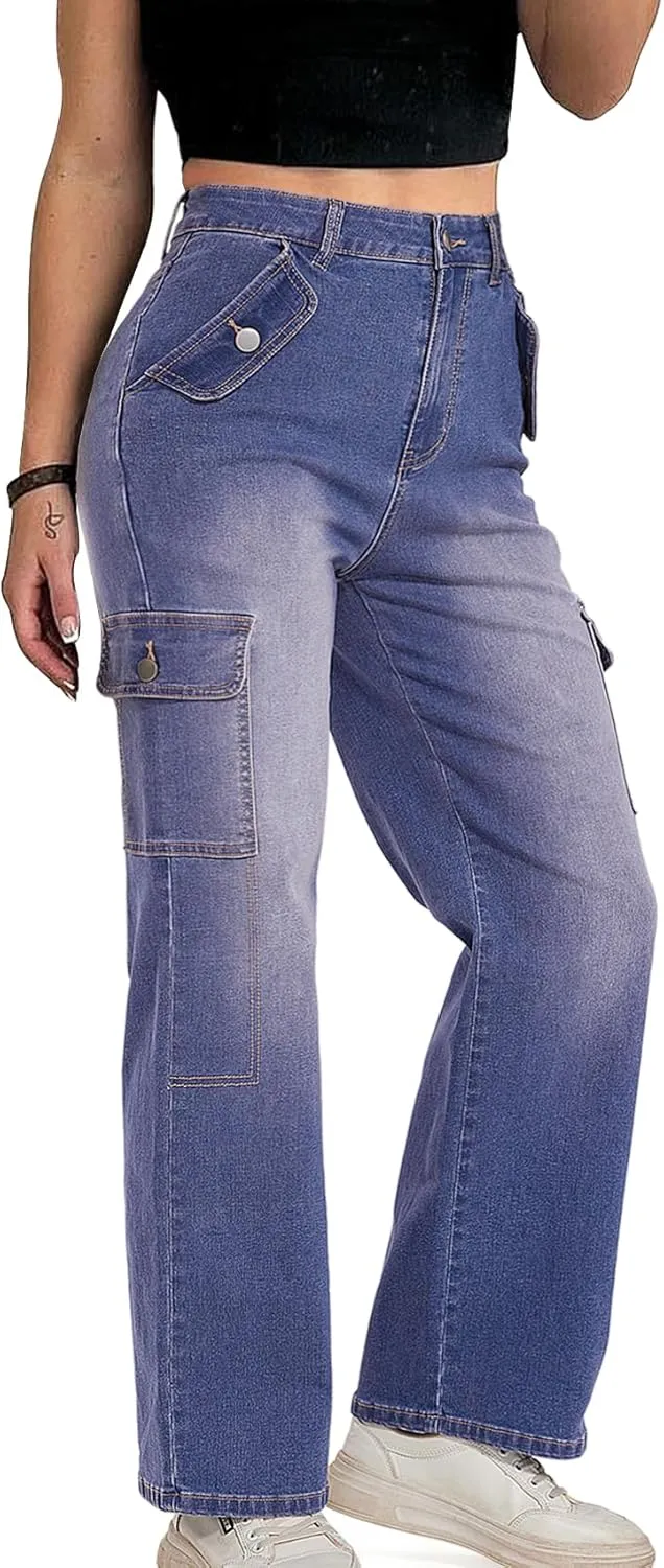 Cargo Jeans for Women High Waisted Casual Wide Leg Jeans Baggy Stretchy Y2K Streetwear with 6 Pockets