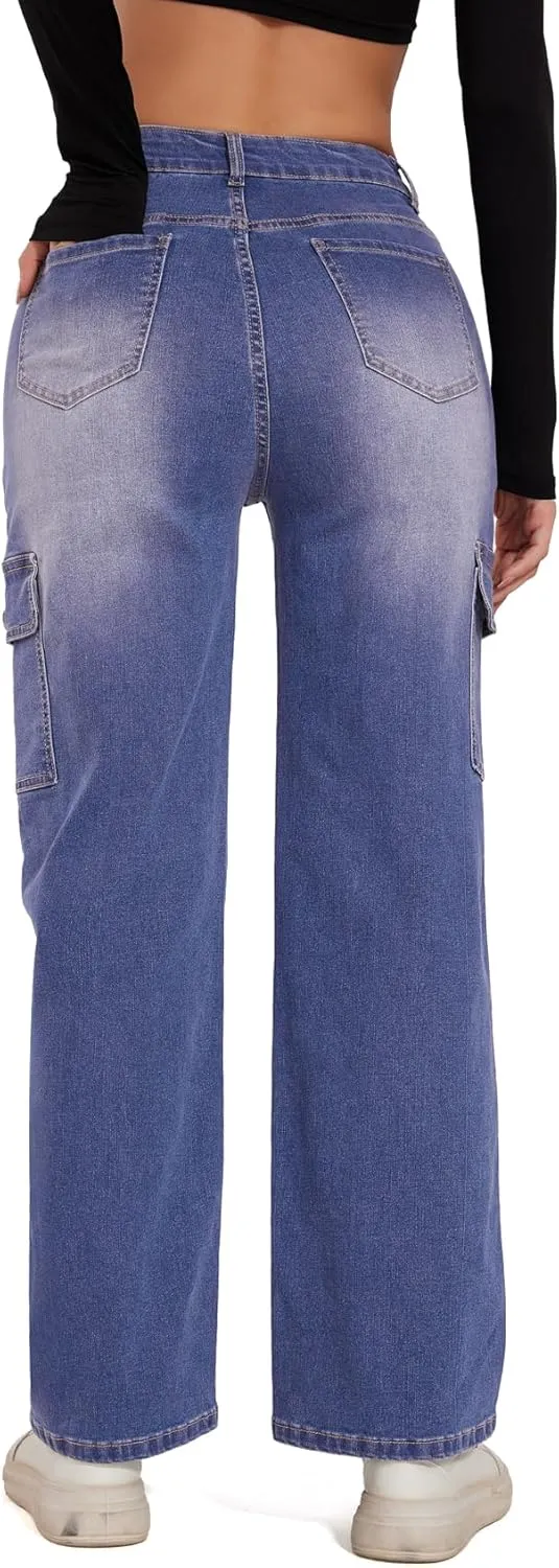 Cargo Jeans for Women High Waisted Casual Wide Leg Jeans Baggy Stretchy Y2K Streetwear with 6 Pockets