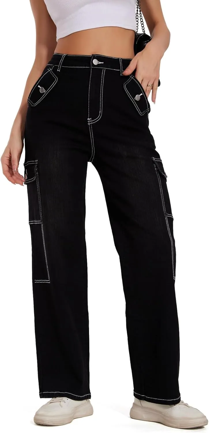 Cargo Jeans for Women High Waisted Casual Wide Leg Jeans Baggy Stretchy Y2K Streetwear with 6 Pockets