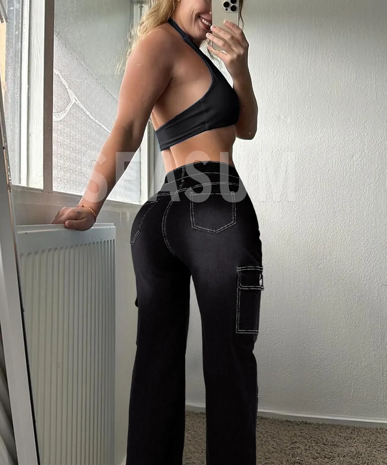 Cargo Jeans for Women High Waisted Casual Wide Leg Jeans Baggy Stretchy Y2K Streetwear with 6 Pockets