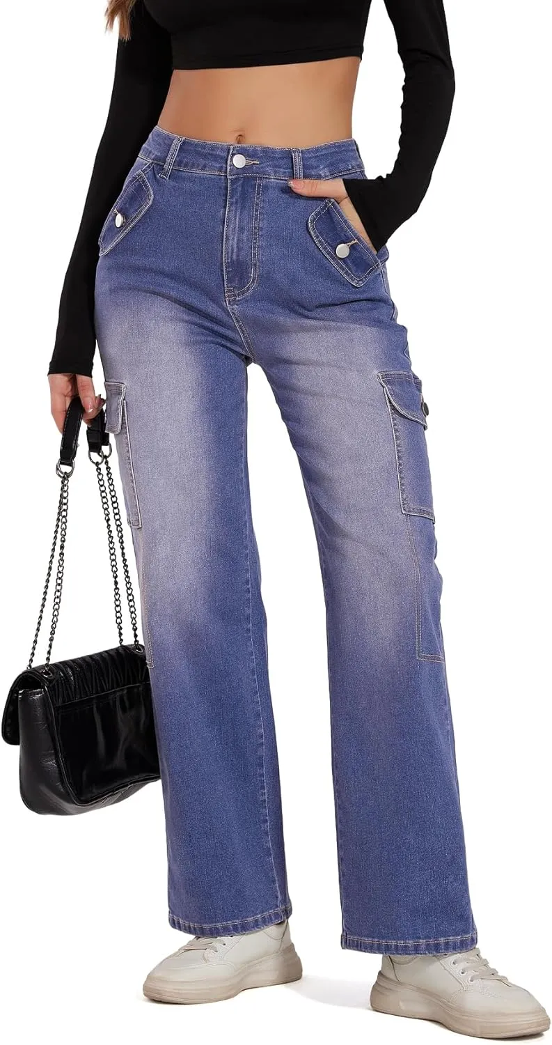 Cargo Jeans for Women High Waisted Casual Wide Leg Jeans Baggy Stretchy Y2K Streetwear with 6 Pockets
