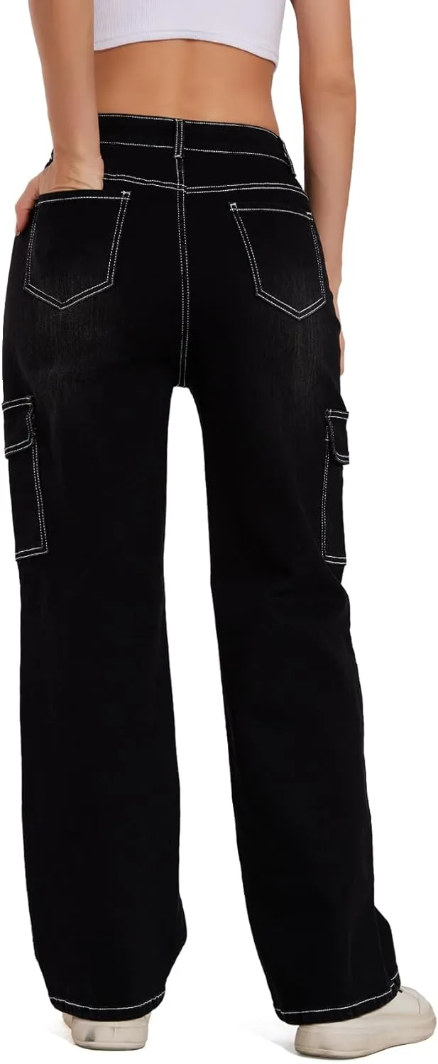 Cargo Jeans for Women High Waisted Casual Wide Leg Jeans Baggy Stretchy Y2K Streetwear with 6 Pockets