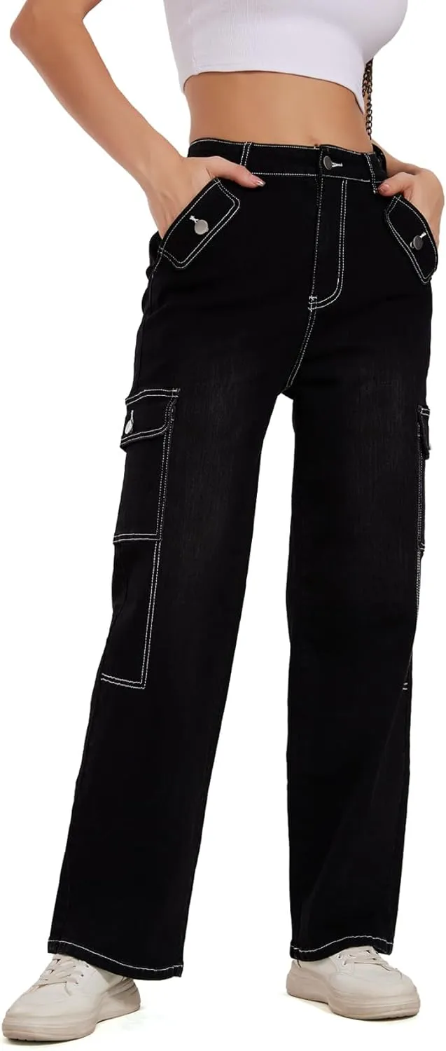 Cargo Jeans for Women High Waisted Casual Wide Leg Jeans Baggy Stretchy Y2K Streetwear with 6 Pockets