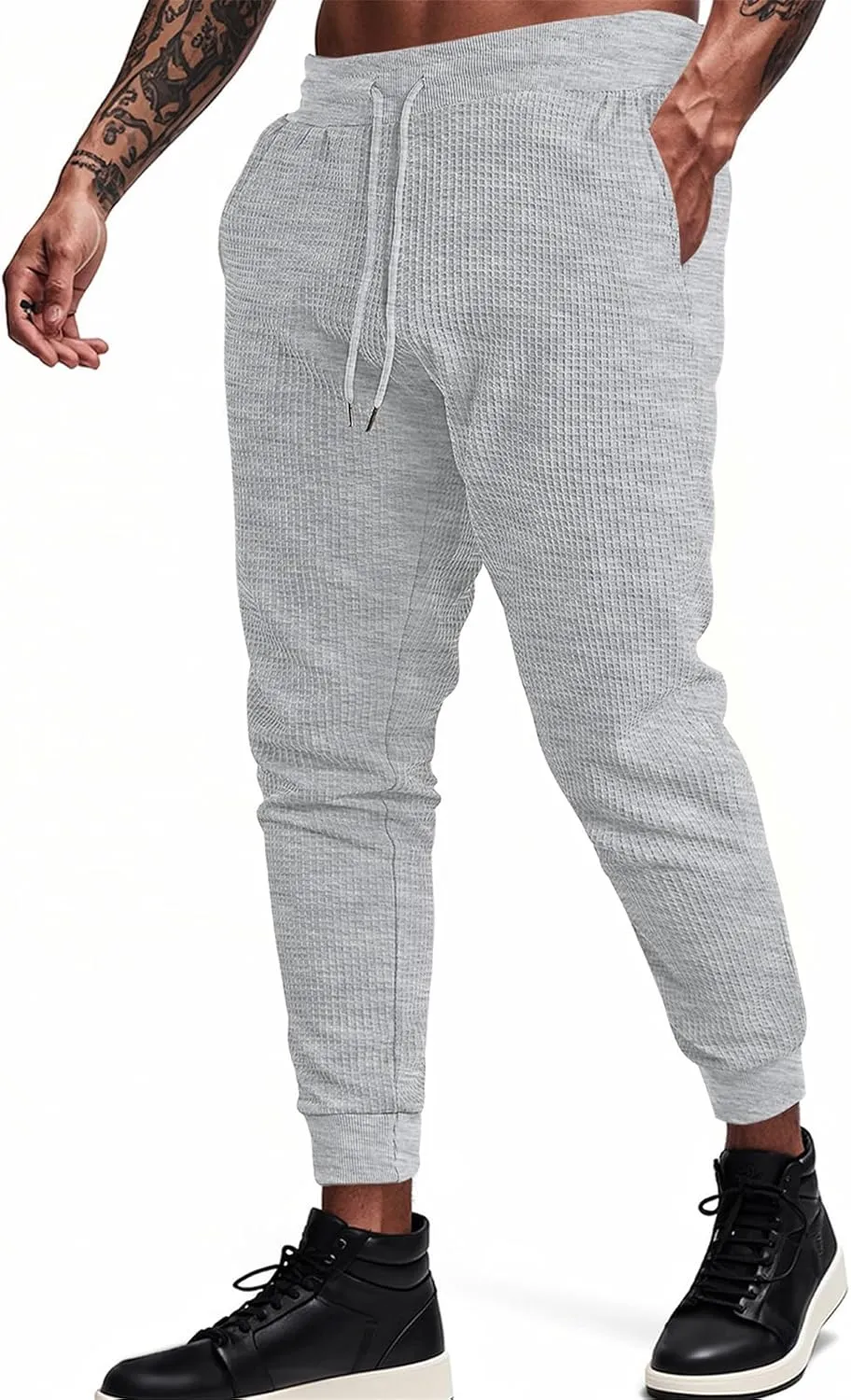 Casual Waffle Sweatpants for Men Drawstring Stretchy Athletic Pant Comfy Breathable Tapered Pants Gym Workout Trouser