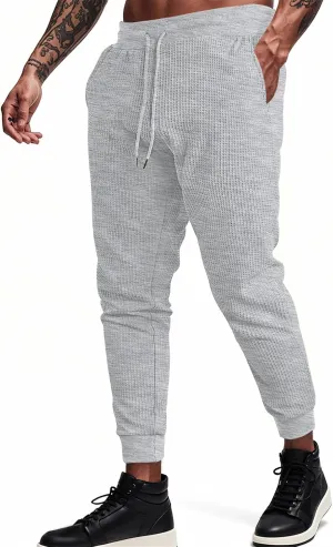 Casual Waffle Sweatpants for Men Drawstring Stretchy Athletic Pant Comfy Breathable Tapered Pants Gym Workout Trouser