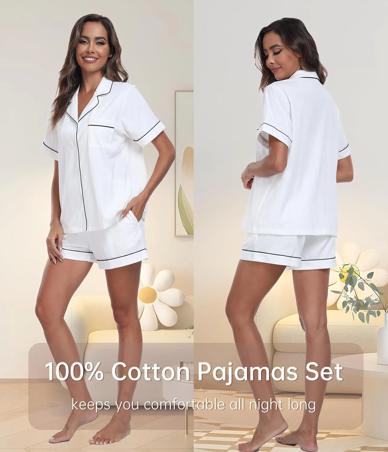 CF 100% Cotton Short Pajama Set Soft Button Down Pajamas Set Short Sleeve Sleepwear and Shorts with Pockets