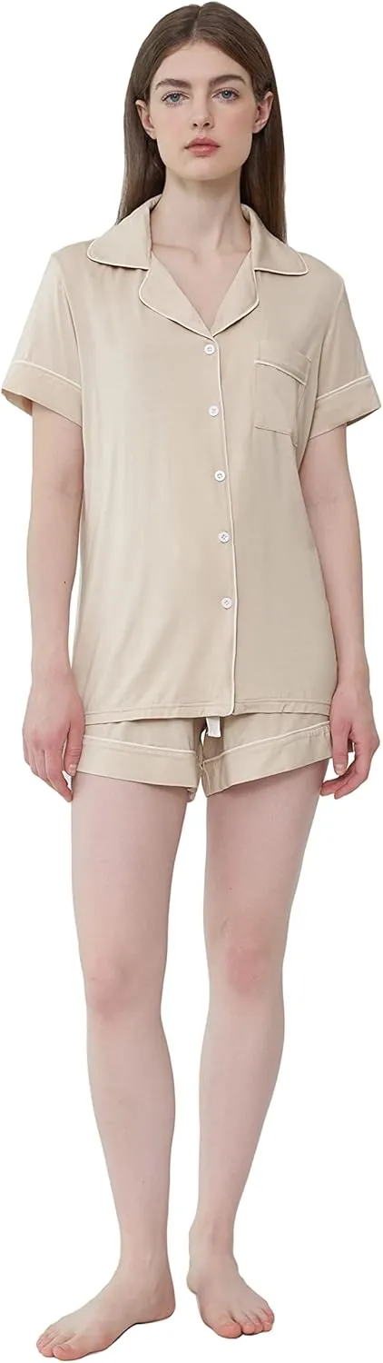 Cherrydew Women Bamboo Viscose Super Soft Comfy Summer Cooling Short Sleeve Button Down Pajama Shorts Set S-XXL