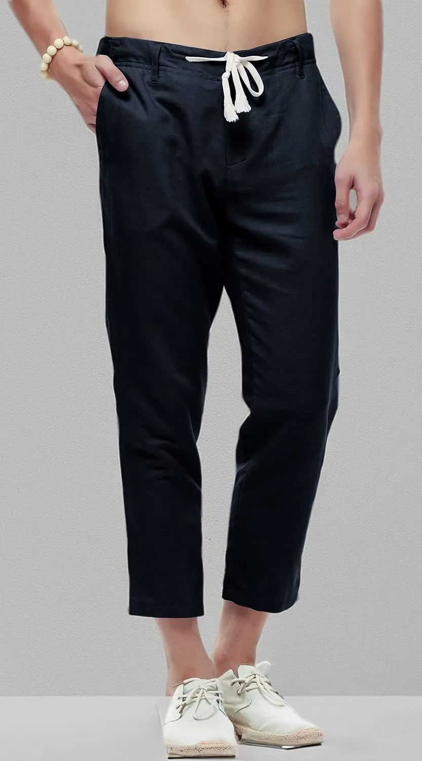 chouyatou Men's Casual Drawstring Straight Fit Beach Linen Capri Pants