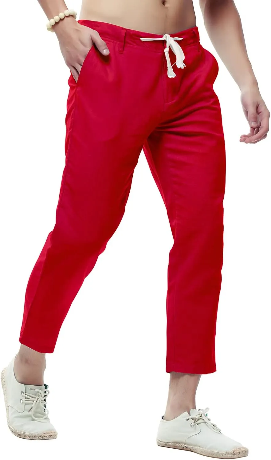 chouyatou Men's Casual Drawstring Straight Fit Beach Linen Capri Pants