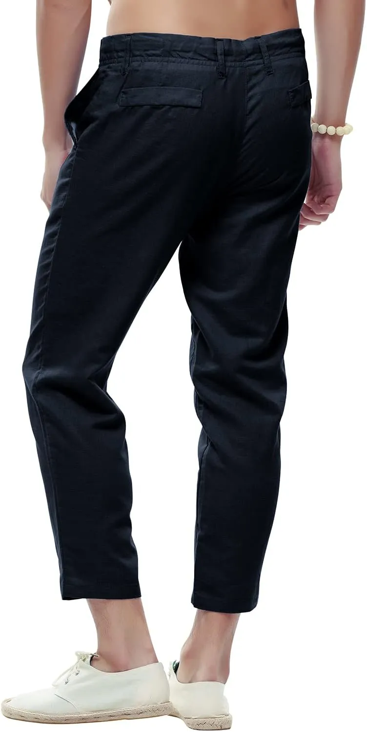 chouyatou Men's Casual Drawstring Straight Fit Beach Linen Capri Pants