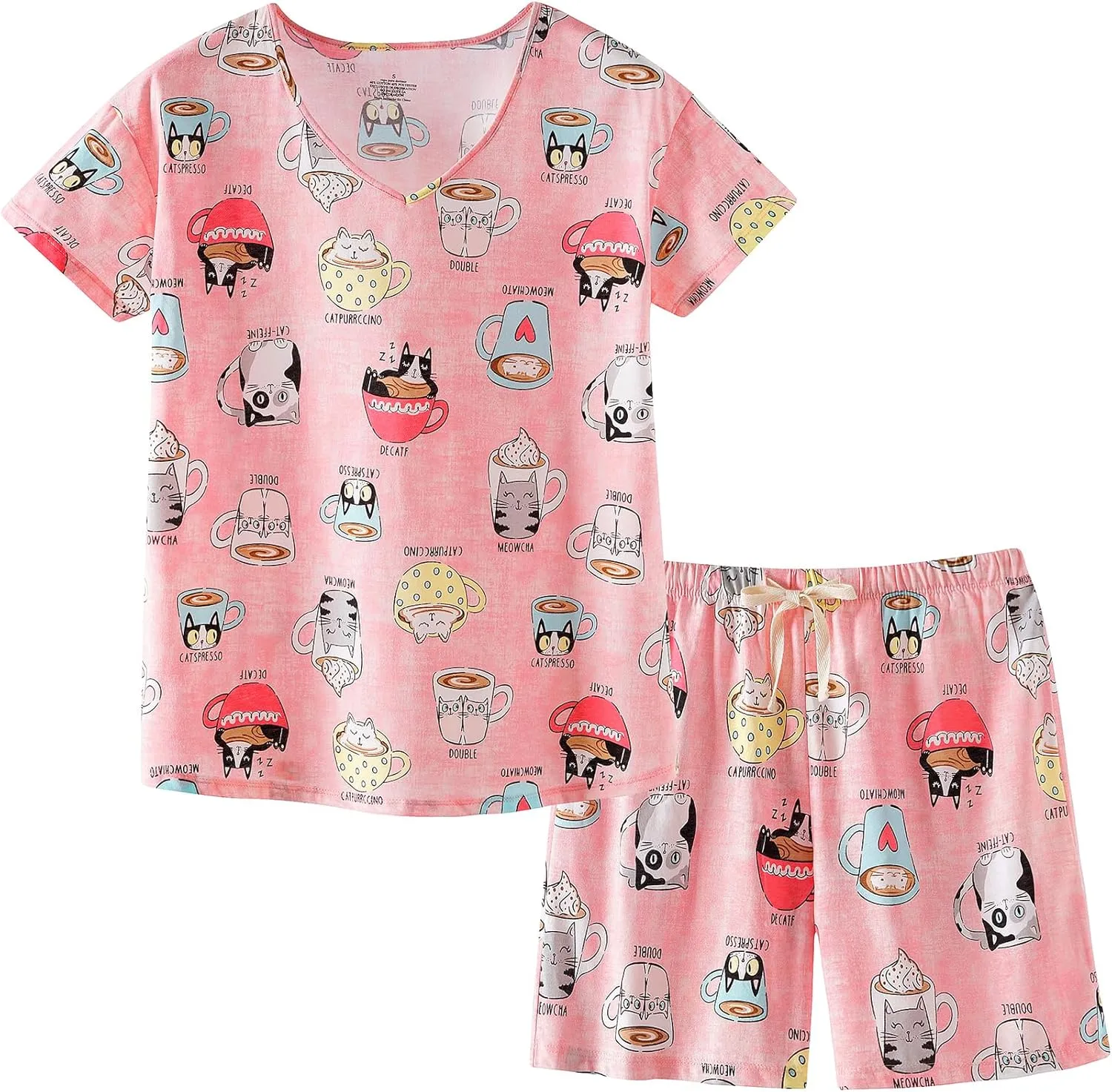 CHUNG Women Short Sleeve Shirt Pajamas Set Shorts Bottom Pants Cotton V-neck Cute Pjs Sleepwear Lounge Wear Plus Size Summer