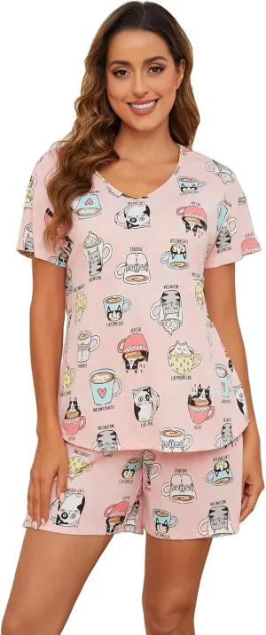CHUNG Women Short Sleeve Shirt Pajamas Set Shorts Bottom Pants Cotton V-neck Cute Pjs Sleepwear Lounge Wear Plus Size Summer