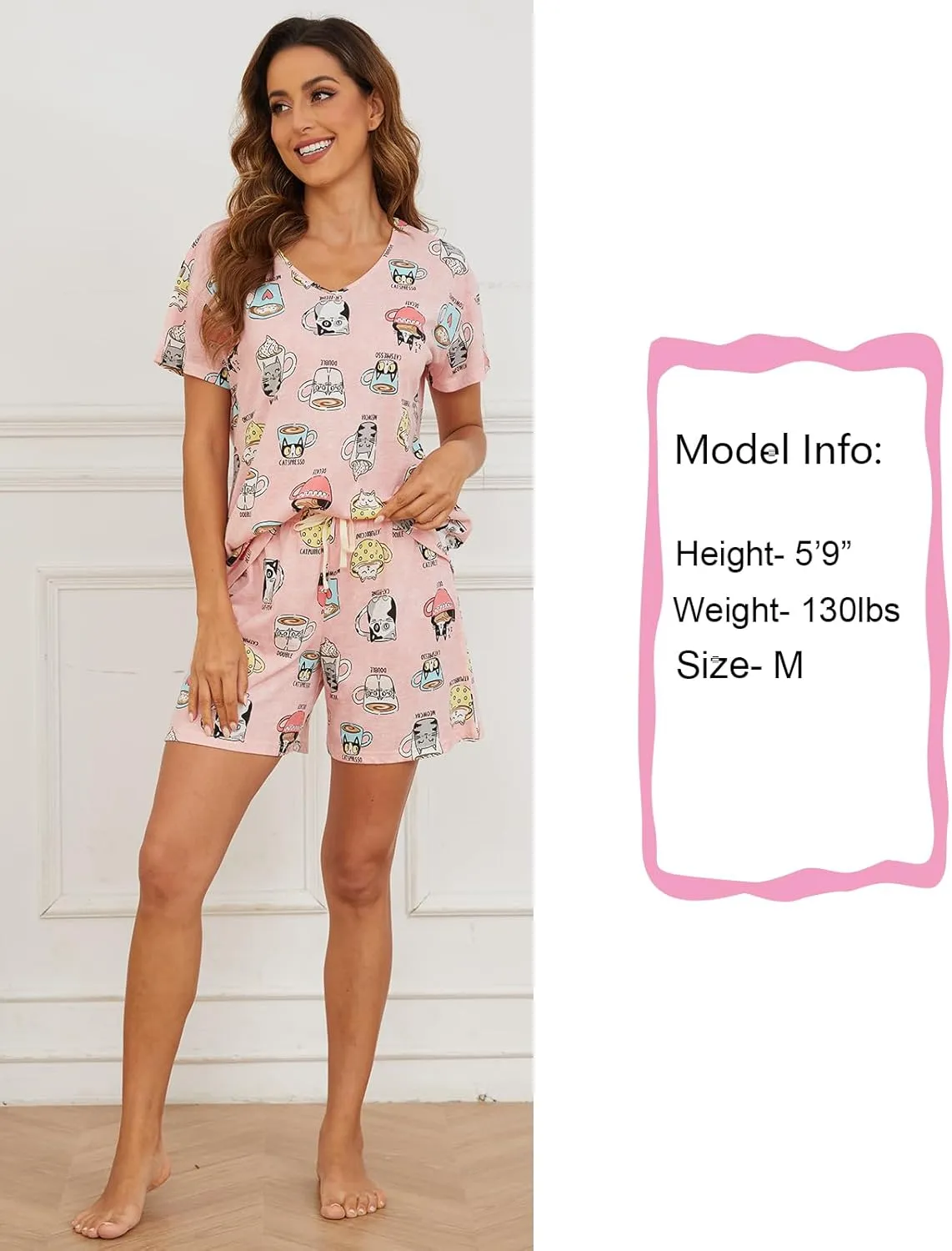 CHUNG Women Short Sleeve Shirt Pajamas Set Shorts Bottom Pants Cotton V-neck Cute Pjs Sleepwear Lounge Wear Plus Size Summer