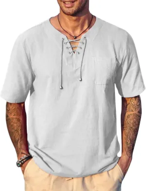 COOFANDY Men Casual Cotton Linen T Shirt Short Sleeve Beach Lace Up Hippie Shirt Yoga Renaissance Tunic