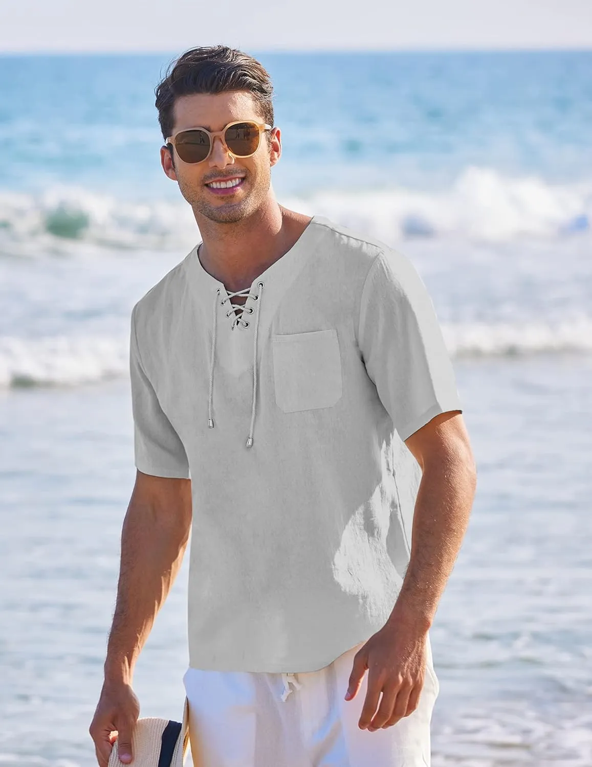 COOFANDY Men Casual Cotton Linen T Shirt Short Sleeve Beach Lace Up Hippie Shirt Yoga Renaissance Tunic