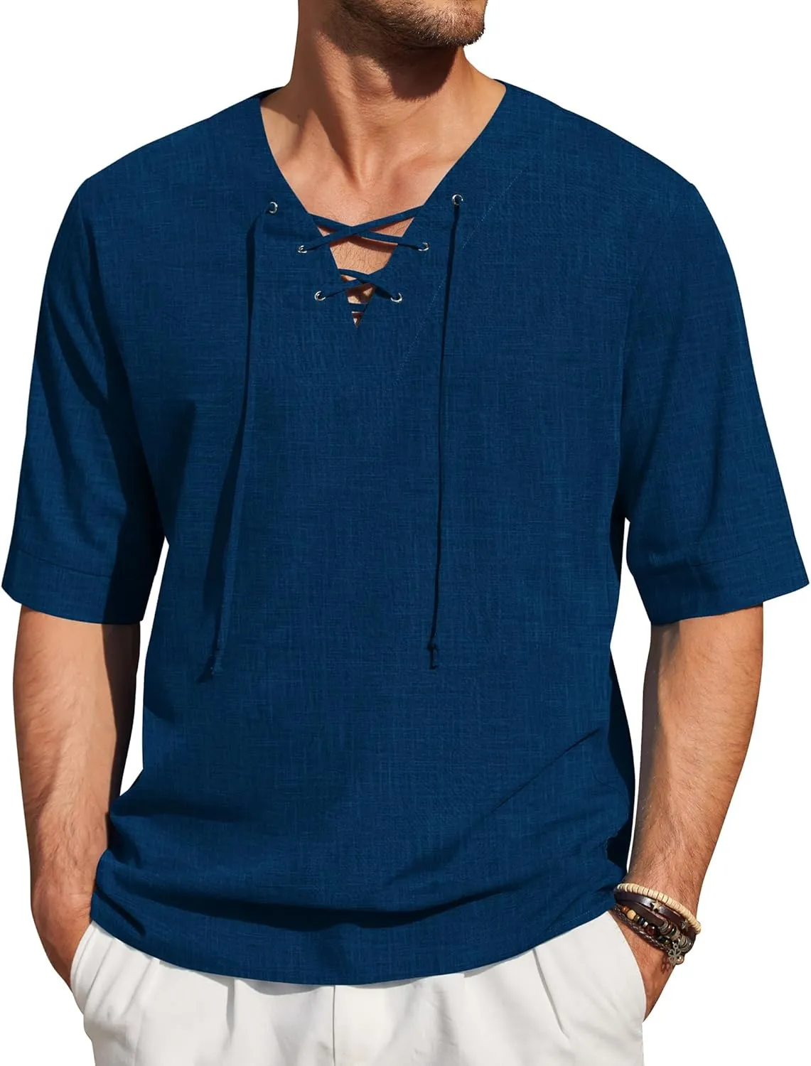 COOFANDY Men Linen Cotton Shirt Beach Lace Up V Neck Shirts Hippie Viking Meditation Tunic