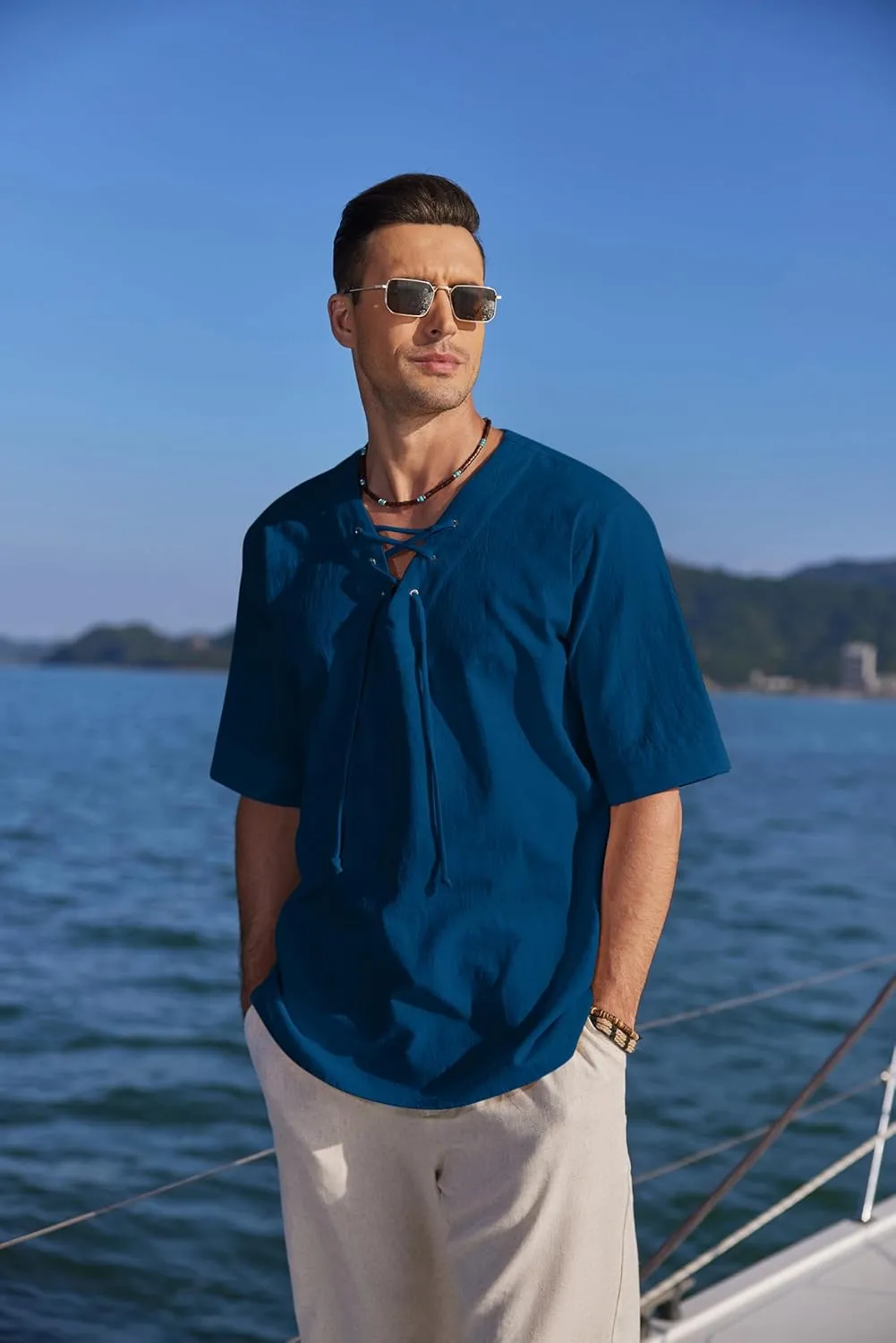COOFANDY Men Linen Cotton Shirt Beach Lace Up V Neck Shirts Hippie Viking Meditation Tunic