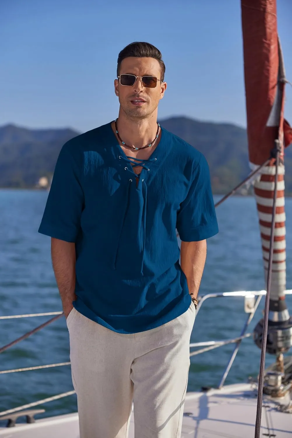 COOFANDY Men Linen Cotton Shirt Beach Lace Up V Neck Shirts Hippie Viking Meditation Tunic