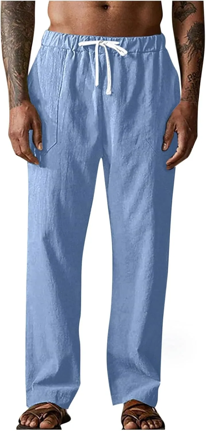 Cotton Linen Pants for Men Elastic Waist Casual Athletic Jogger Pant Breathable Loose Comfy Straight Leg Trousers