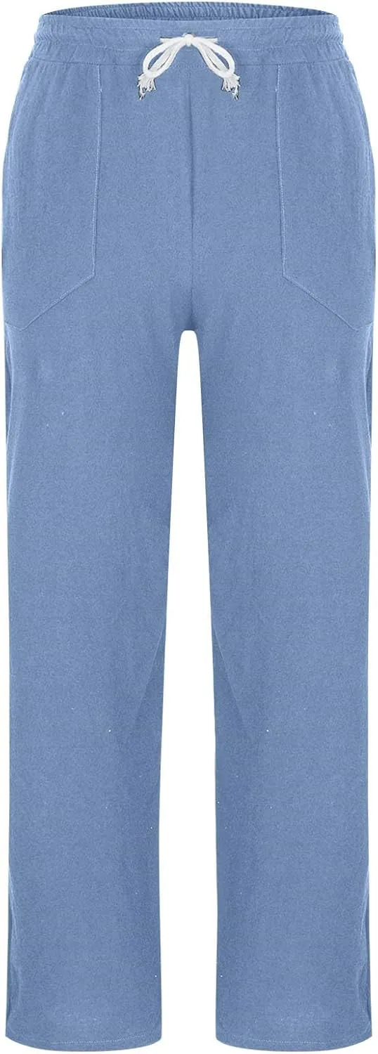 Cotton Linen Pants for Men Elastic Waist Casual Athletic Jogger Pant Breathable Loose Comfy Straight Leg Trousers