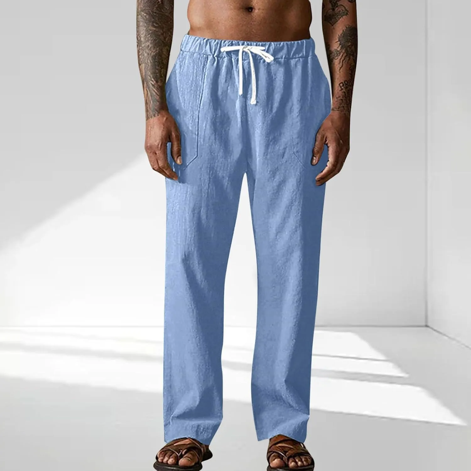 Cotton Linen Pants for Men Elastic Waist Casual Athletic Jogger Pant Breathable Loose Comfy Straight Leg Trousers