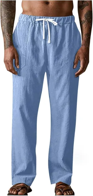 Cotton Linen Pants for Men Elastic Waist Casual Athletic Jogger Pant Breathable Loose Comfy Straight Leg Trousers