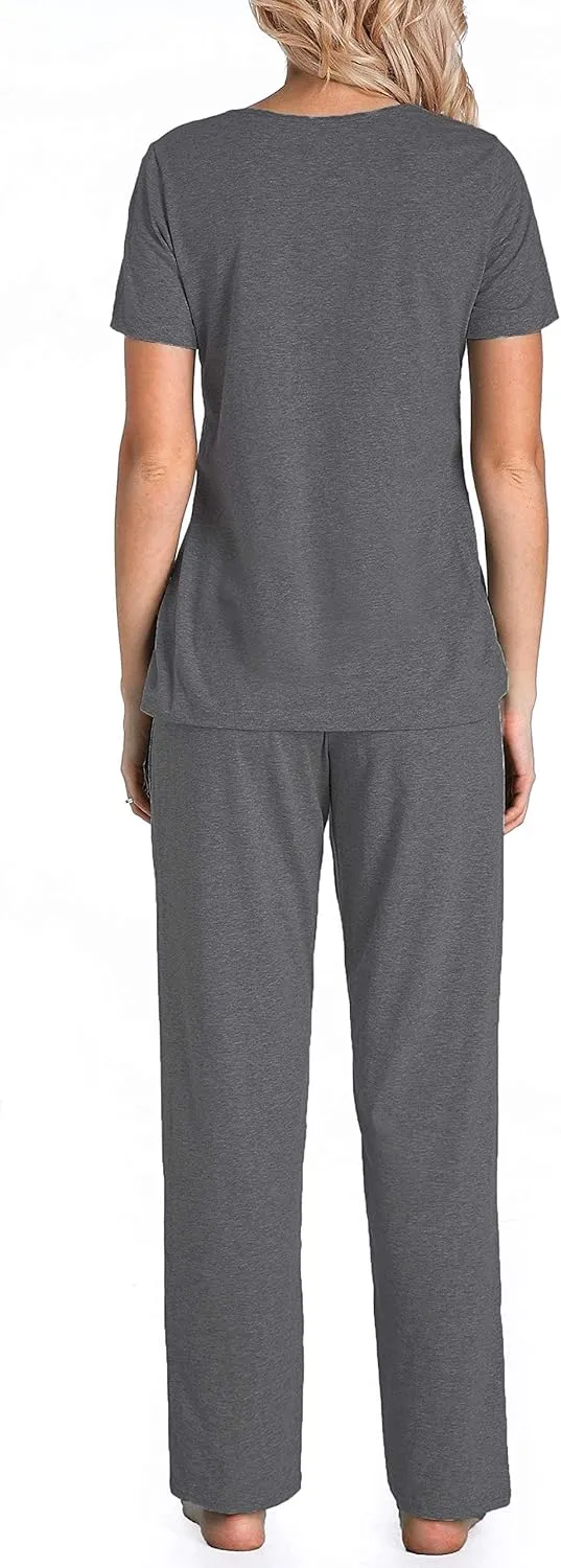 Cotton Pajamas for Women Two Piece Pajama Set Short Sleeve V-neck Tops with Long Pants