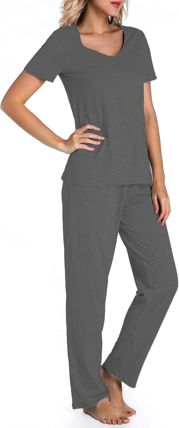 Cotton Pajamas for Women Two Piece Pajama Set Short Sleeve V-neck Tops with Long Pants