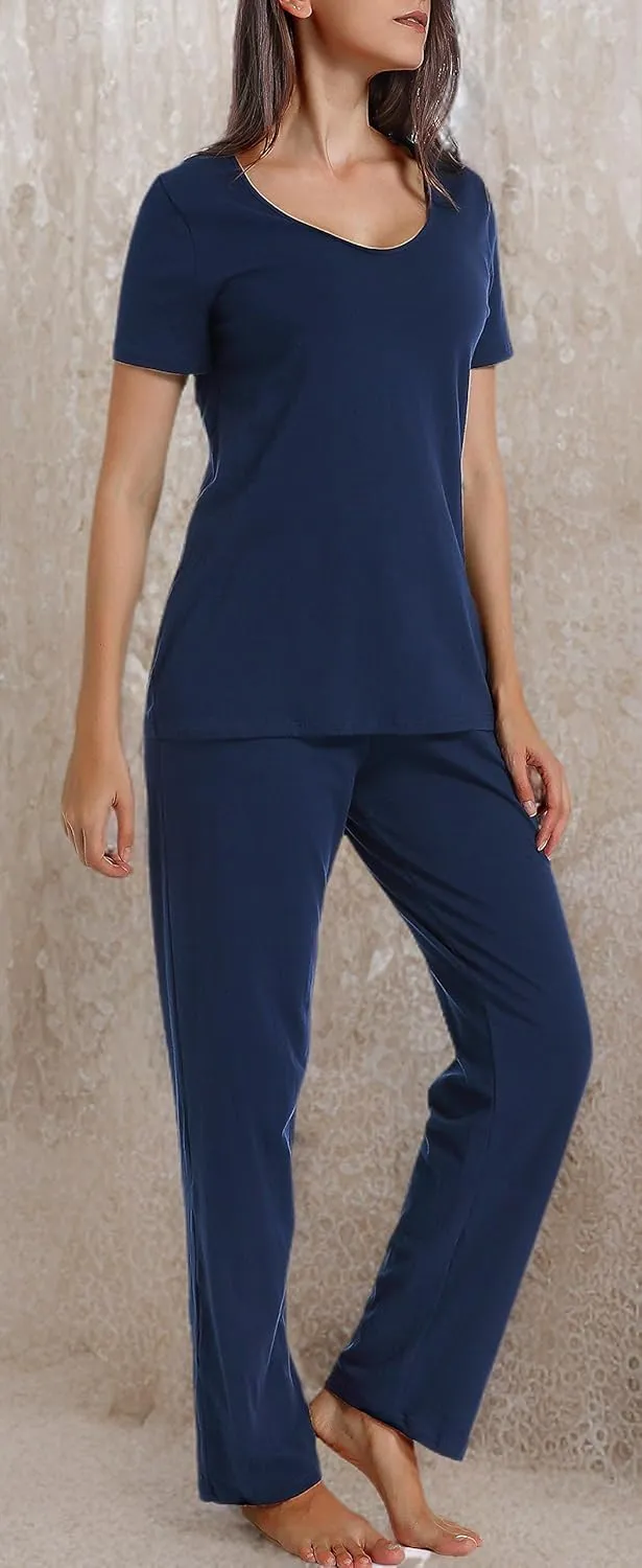 Cotton Pajamas for Women Two Piece Pajama Set Short Sleeve V-neck Tops with Long Pants