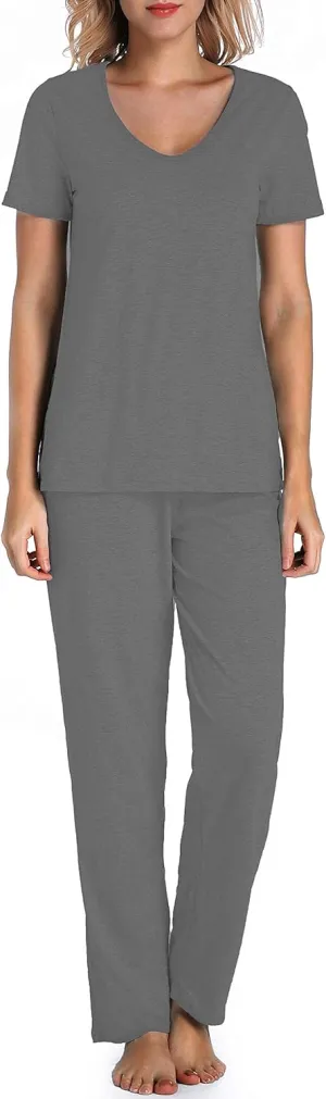 Cotton Pajamas for Women Two Piece Pajama Set Short Sleeve V-neck Tops with Long Pants
