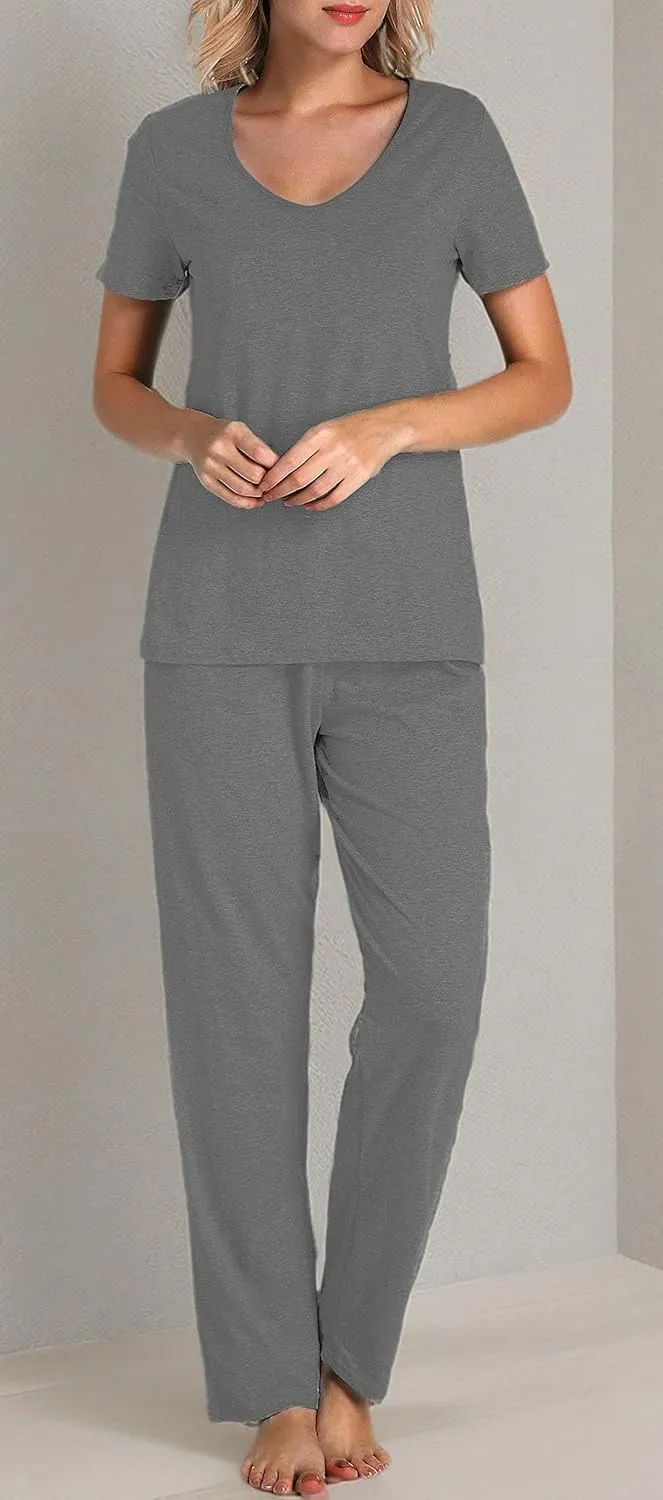 Cotton Pajamas for Women Two Piece Pajama Set Short Sleeve V-neck Tops with Long Pants